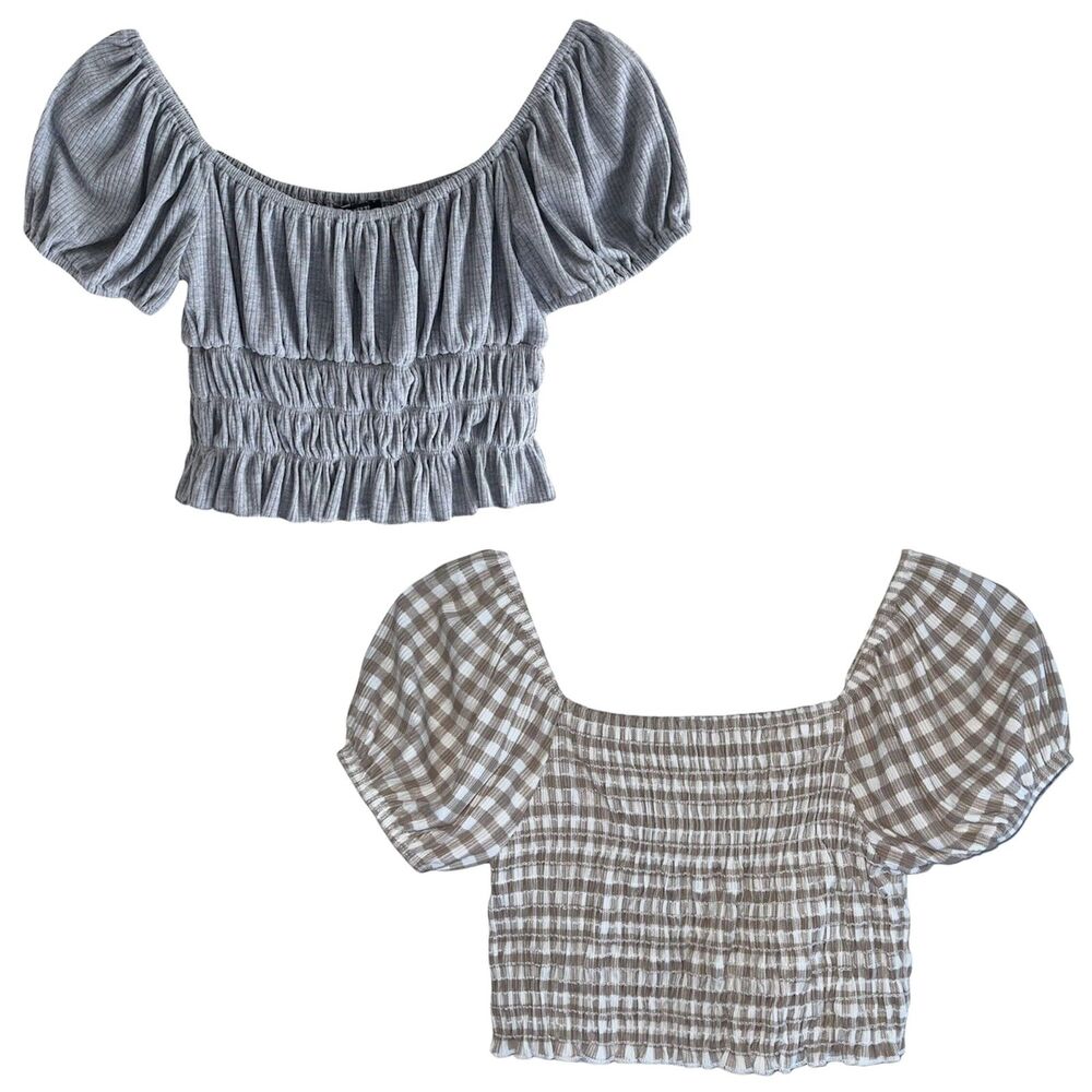 Cute Boho Cowboy Crop Peasant Tops S Gingham Brown White Gray Smocked